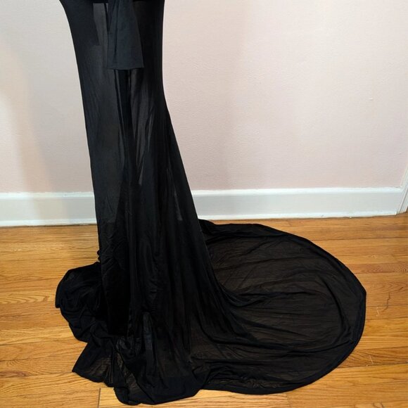 Black Sheer Mesh Maxi Dress Whimsigoth Mermaid Puddle Hem Mock Neck Gown M 6 - Picture 4 of 11